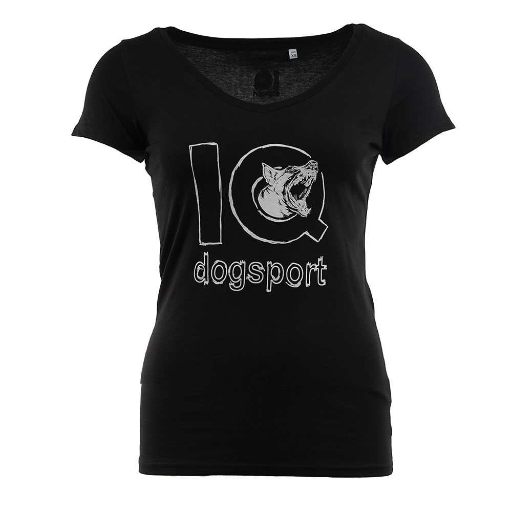 T-Shirt Schwarz Logo und bellender Malinois Damen V-Ausschnitt 